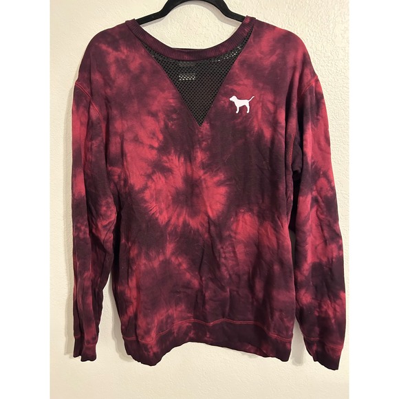 PINK Victoria's Secret Tops - Pink Victoria's Secret Tie Dye Sweatshirt Burgundy Black Mesh V-Neck Dog Logo M